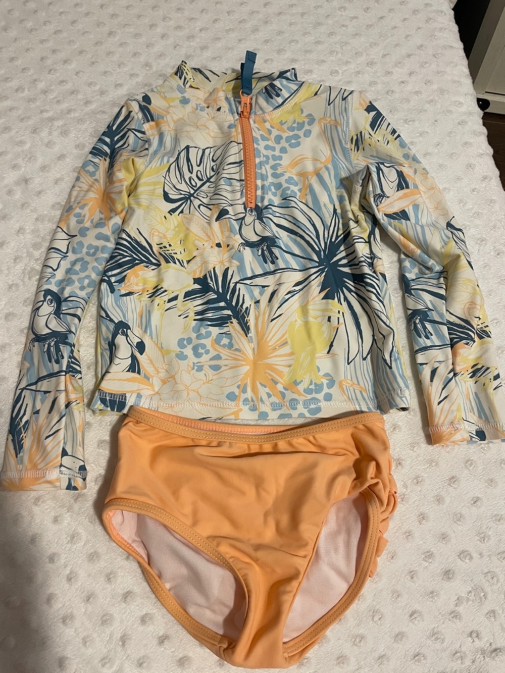 Ruffle Butts Tropical Print Rashguard Set - Peach & Blue